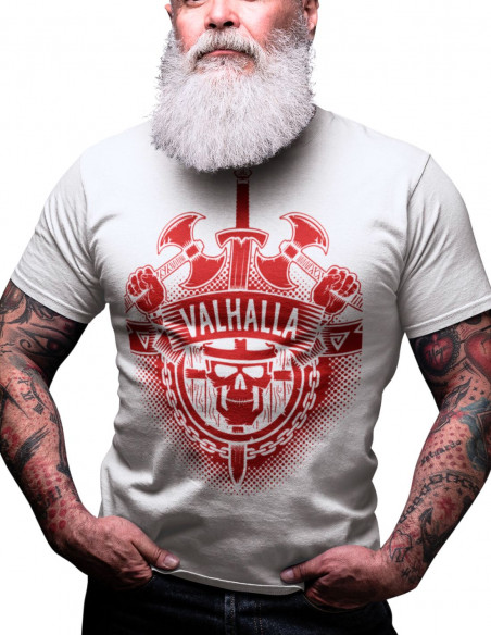 Valhalla White N Red Front T-shirt by Nordic Worlds Premium Cotton